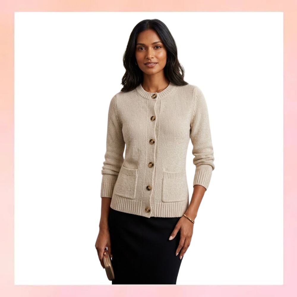 LOFT Oatmeal Beige Ribbed Button Down Cardigan Sweater Size Small